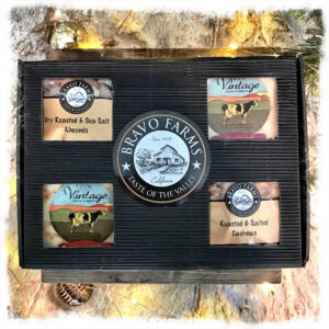 Nut & Cheese Gift Pack - two Vintage cheeses, dry roasted sea salt almonds and roasted & salted cashews in a black Bravo Farms gift box