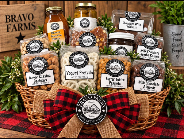 Bravo’s Best gift basket with orange blossom honey, olives, jam, fudge, peanut brittle, butter toffee peanuts, yogurt pretzels, milk chocolate almonds, milk chocolate jumbo raisins, honey roasted cashews, dried strawberries and roasted and salted pistachios