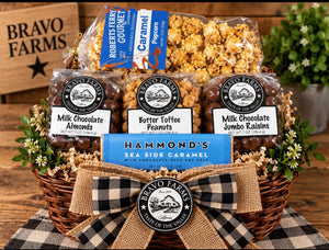Bravo’s Finest gift basket with caramel popcorn, milk chocolate almonds, butter toffee peanuts, milk chocolate jumbo raisins and a milk chocolate sea salt caramel bar