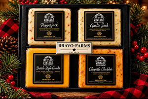Four Cheese Gift Pack: Pepperjack, Garlic Jack, Dutch-Style Gouda and Chipotle Cheddar in a black Bravo Farms gift box