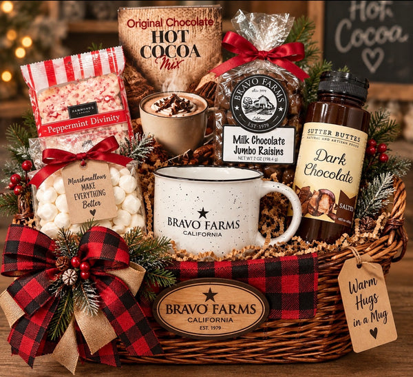 Hot Cocoa Basket with hot cocoa mix, dark chocolate sauce, marshmallows, milk chocolate jumbo raisins, peppermint divinity and a Bravo Farms campfire mug