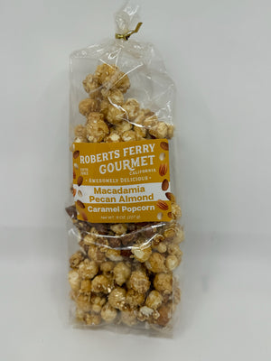 Robert's Ferry macadamia pecan almond caramel popcorn in a clear bag