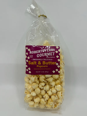 Robert's Ferry salt and butter popcorn in a clear bag