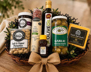 Local Favorite gift basket - Bari olive oil, Bravo Farms plum jam, Dutch-Style Gouda, salt and pepper pistachios, honey bear, garlic stuffed olives and Busseto salami