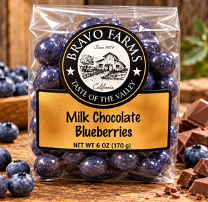 Milk chocolate blueberries in a 6 oz Bravo Farms bag