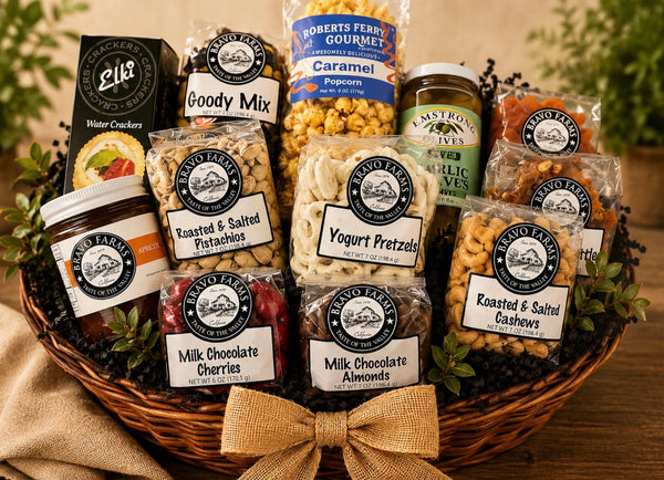 Mother Lode gift basket with goody mix, caramel popcorn, olives, pistachios, cashews and chocolates