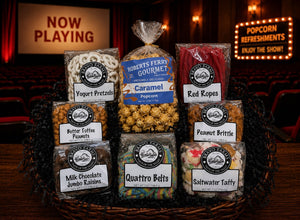 Movie Night Gift Basket with popcorn, yogurt pretzels, red ropes, butter toffee peanuts, peanut brittle, milk chocolate jumbo raisins, Quattro belts and saltwater taffy