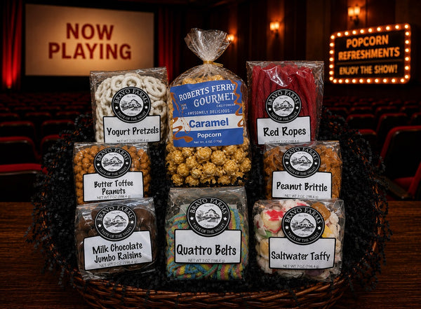 Movie Night Gift Basket with popcorn, yogurt pretzels, red ropes, butter toffee peanuts, peanut brittle, milk chocolate jumbo raisins, Quattro belts and saltwater taffy