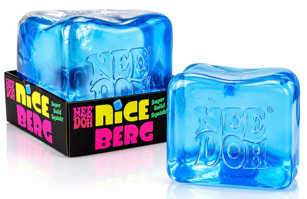 NeeDoh Nice Berg squish toy in blue, beside its box
