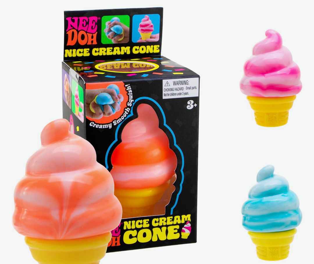 NeeDoh Nice Cream Cone squish toys in pink, orange and blue, beside the box