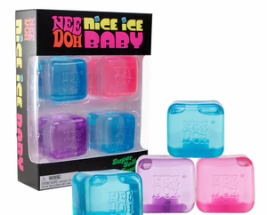 NeeDoh Nice Ice Baby squish cubes in blue, pink and purple, beside their box