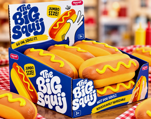 The Big Squij hot dog squishies with mustard, in their Keycraft display box