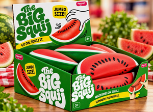 The Big Squij watermelon-slice squishies in their Keycraft display box