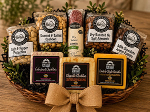 Three Cheese & Nut gift basket - Cabernet Cheddar, Chipotle Cheddar and Dutch-Style Gouda with pistachios, cashews, almonds, chocolate raisins and Busseto salami
