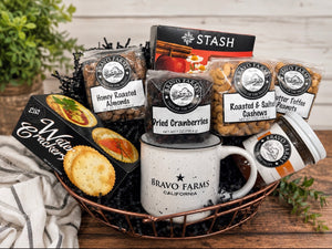 You're My Cup of Tea gift basket with campfire mug, tea, crackers, cashews, dried cranberries and honey roasted almonds