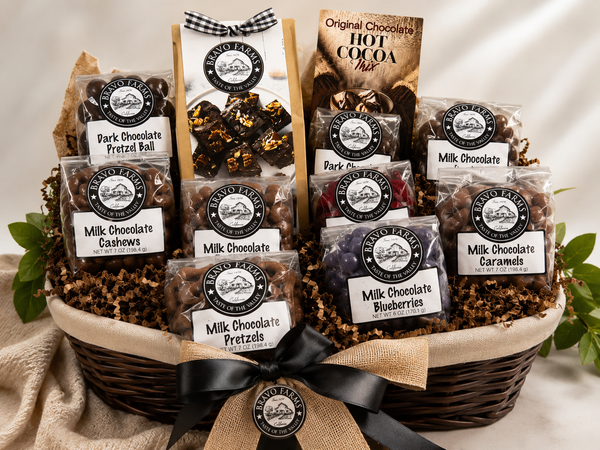 Chocolate Lover's Dream Basket filled with milk and dark chocolate covered pretzels, nuts, caramels and fruit, plus brownie mix and hot cocoa mix