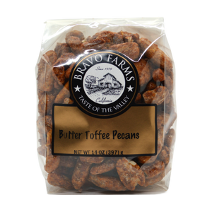 Butter toffee glazed pecans in a 14 oz Bravo Farms bag