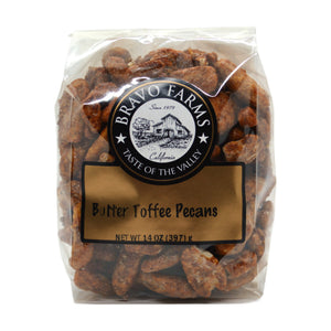 Butter toffee glazed pecans in a 14 oz Bravo Farms bag