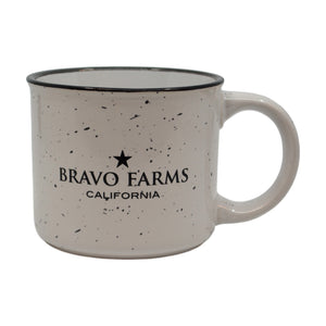White speckled campfire mug with the Bravo Farms California logo