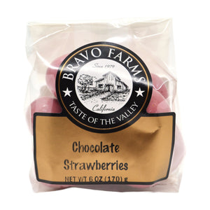Pink chocolate covered strawberries in a 6 oz Bravo Farms bag