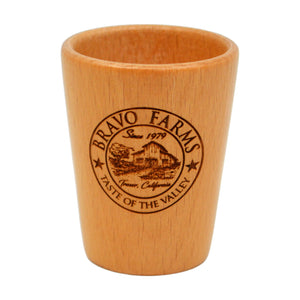 Wooden shot glass engraved with the Bravo Farms logo
