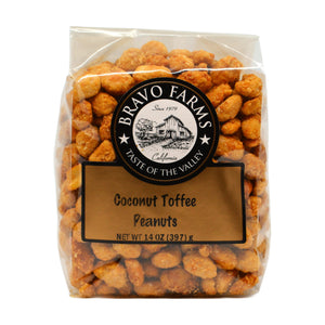 Coconut toffee peanuts in a 14 oz Bravo Farms bag