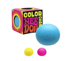 Color Changing NeeDoh squish balls in blue, yellow and pink, beside the box