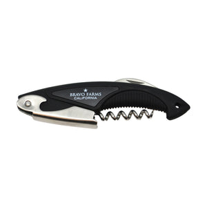 Black waiter's corkscrew with the Bravo Farms logo