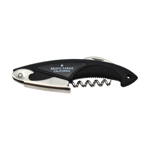 Black waiter's corkscrew with the Bravo Farms logo