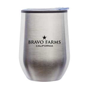 Stainless steel wine tumbler with the Bravo Farms California logo