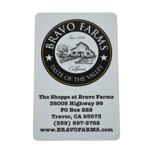 Bravo Farms gift card with the Shoppe's Traver address