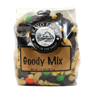 Goody trail mix of nuts, raisins and candy in a 14 oz Bravo Farms bag