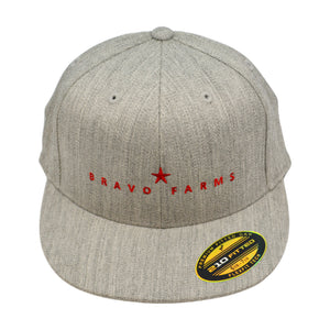 Heather grey Flexfit cap with a red Bravo Farms star logo