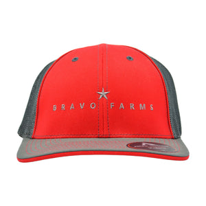 Red and graphite grey cap with a Bravo Farms star logo