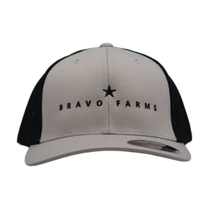 Silver and black cap with a Bravo Farms star logo