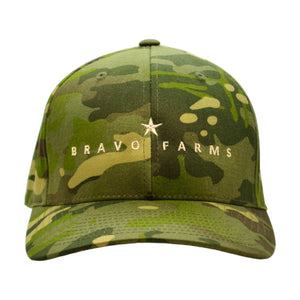 Camouflage cap with a Bravo Farms star logo