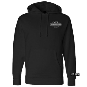 Black hoodie, front, with a small Bravo Farms logo