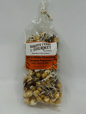 Robert's Ferry milk and white chocolate caramel popcorn with almonds in a clear bag