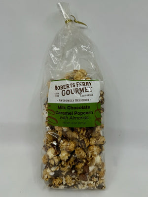 Robert's Ferry milk chocolate caramel popcorn with almonds in a clear bag