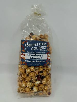 Robert's Ferry cranberry almond caramel popcorn in a clear bag