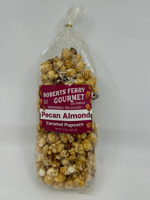 Robert's Ferry pecan almond caramel popcorn in a clear bag