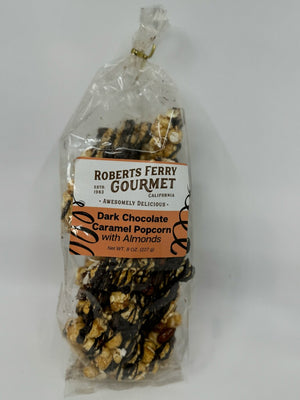 Robert's Ferry dark chocolate caramel popcorn with almonds in a clear bag