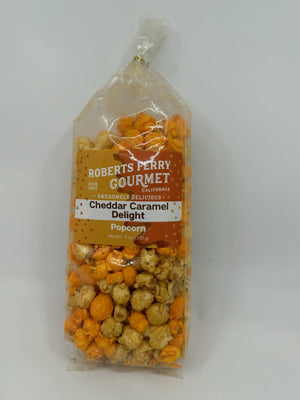 Robert's Ferry cheddar caramel delight popcorn in a clear bag