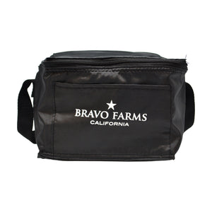 Black insulated lunch bag with the Bravo Farms California logo
