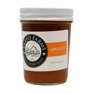 Apricot jam in a Bravo Farms jar
