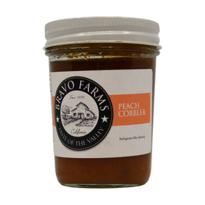 Peach Cobbler jam in a Bravo Farms jar