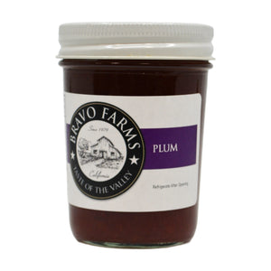 Plum jam in a Bravo Farms jar
