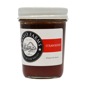 Strawberry jam in a Bravo Farms jar