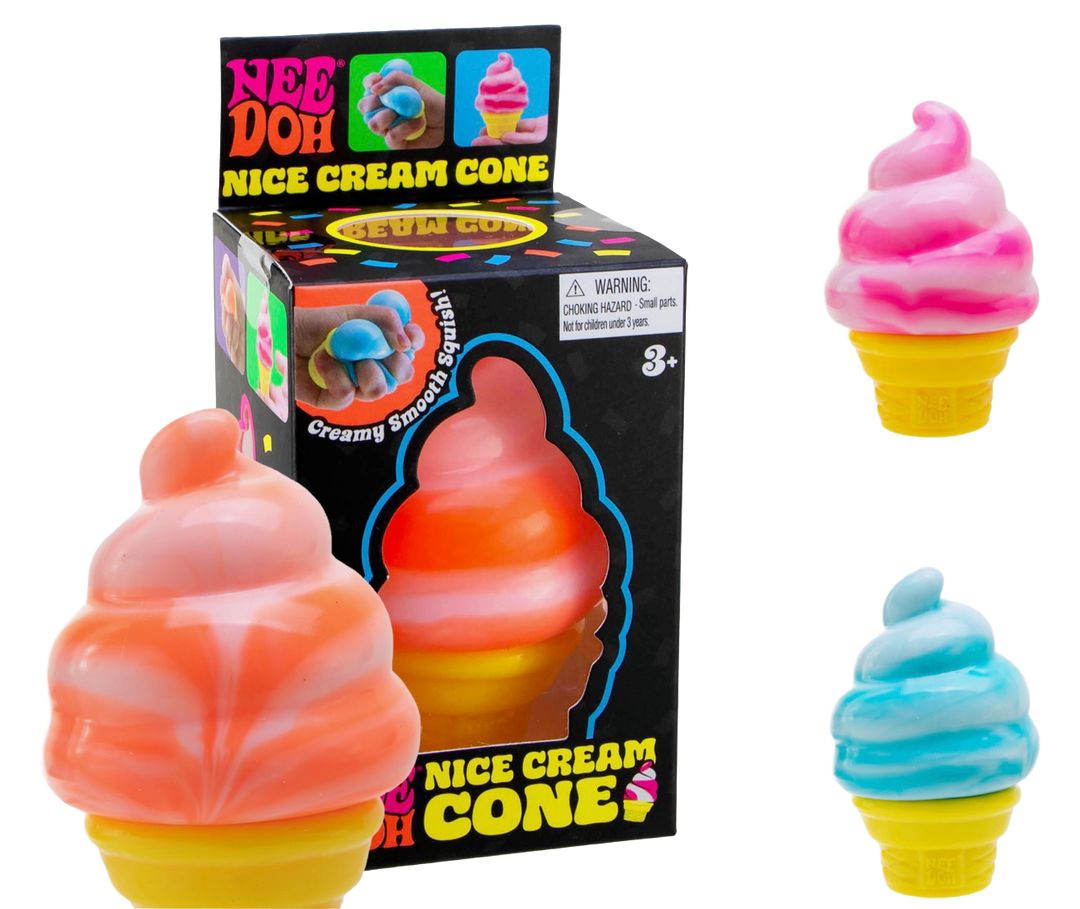 NeeDoh Nice Cream Cone squish toys in pink, orange and blue, beside the box