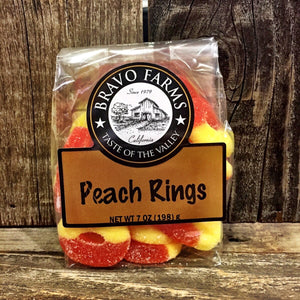 Peach rings gummy candy in a 7 oz Bravo Farms bag